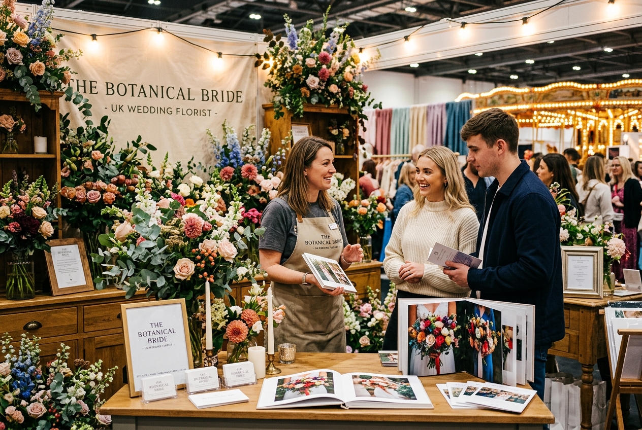 A wedding florist's stand at a UK wedding fair with flower arrangements and a couple browsing