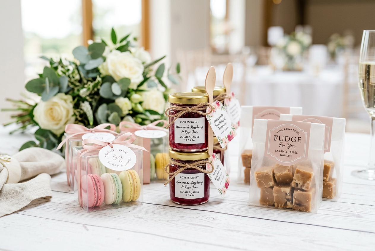 Selection of edible wedding favours — mini macarons in boxes, bags of fudge, and tiny jars of jam