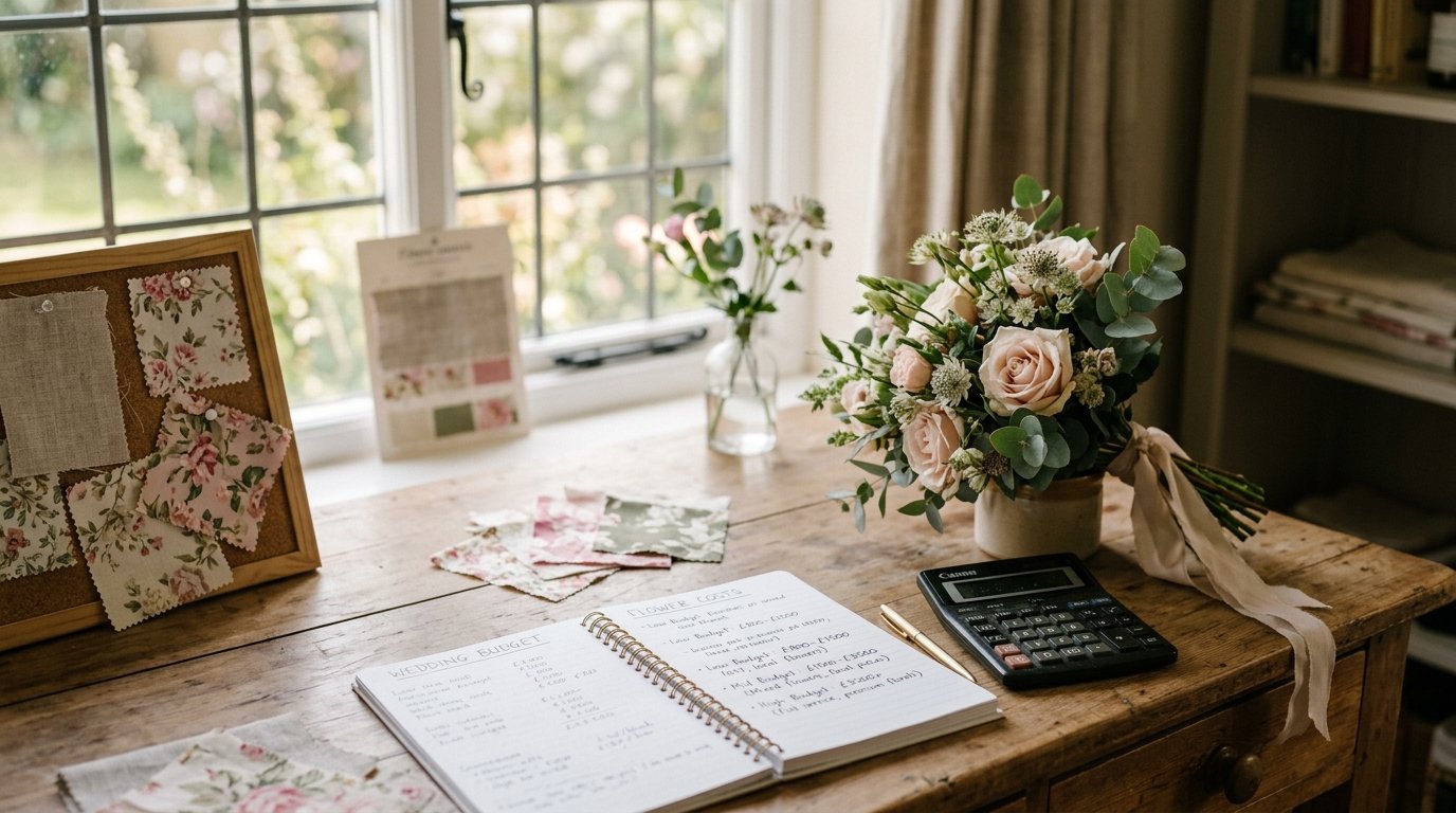 Wedding Flowers Cost UK: 2026 Price Guide — Flower costs by budget level, editorial photography for Weddings Hub