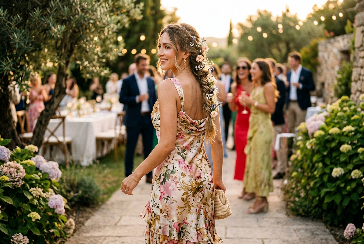 Wedding guest with elegant fishtail braid hairstyle decorated with small flowers, golden hour