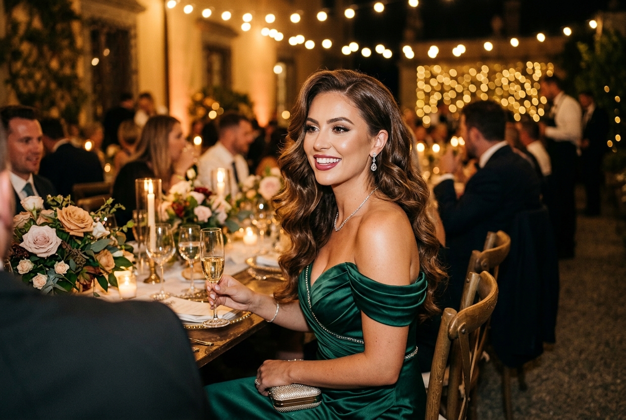 Wedding guest with bouncy Hollywood waves hairstyle, glamorous makeup, evening wedding