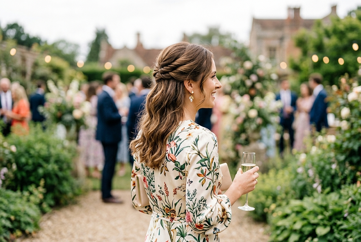 Wedding guest with half-up half-down hairstyle, twisted detail at the back