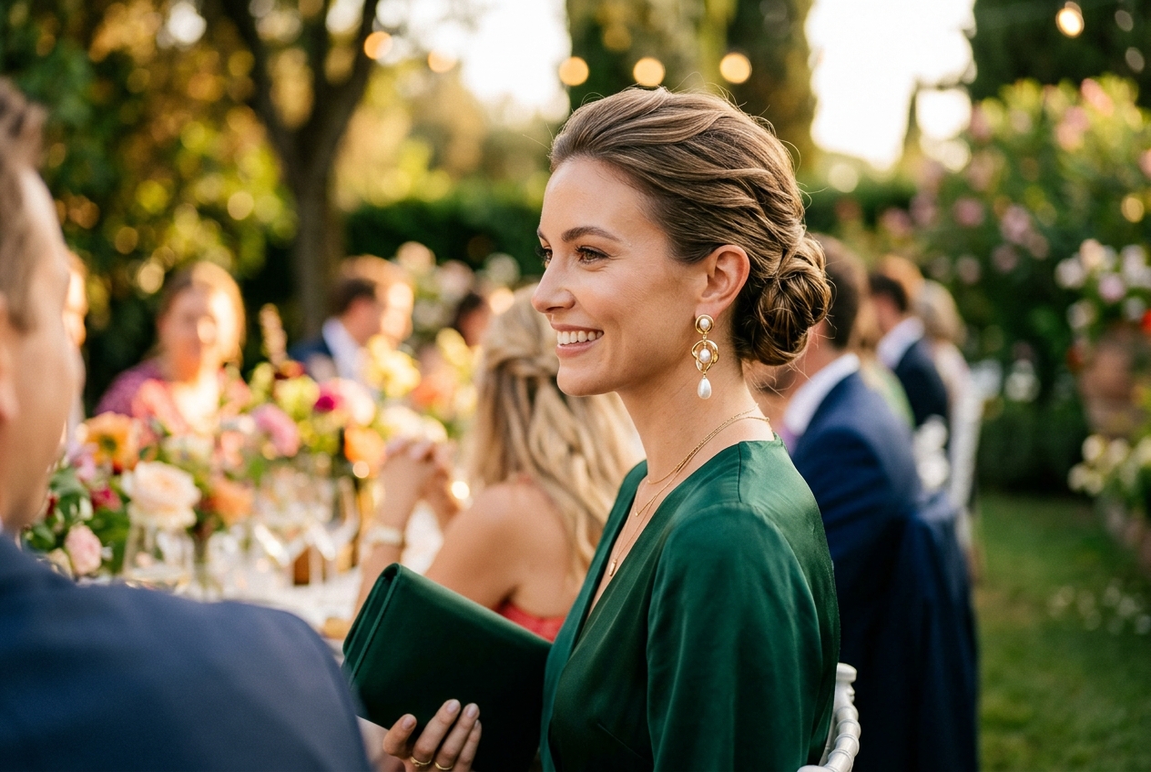 Wedding guest with chic chignon updo, elegant earrings visible, soft warm light