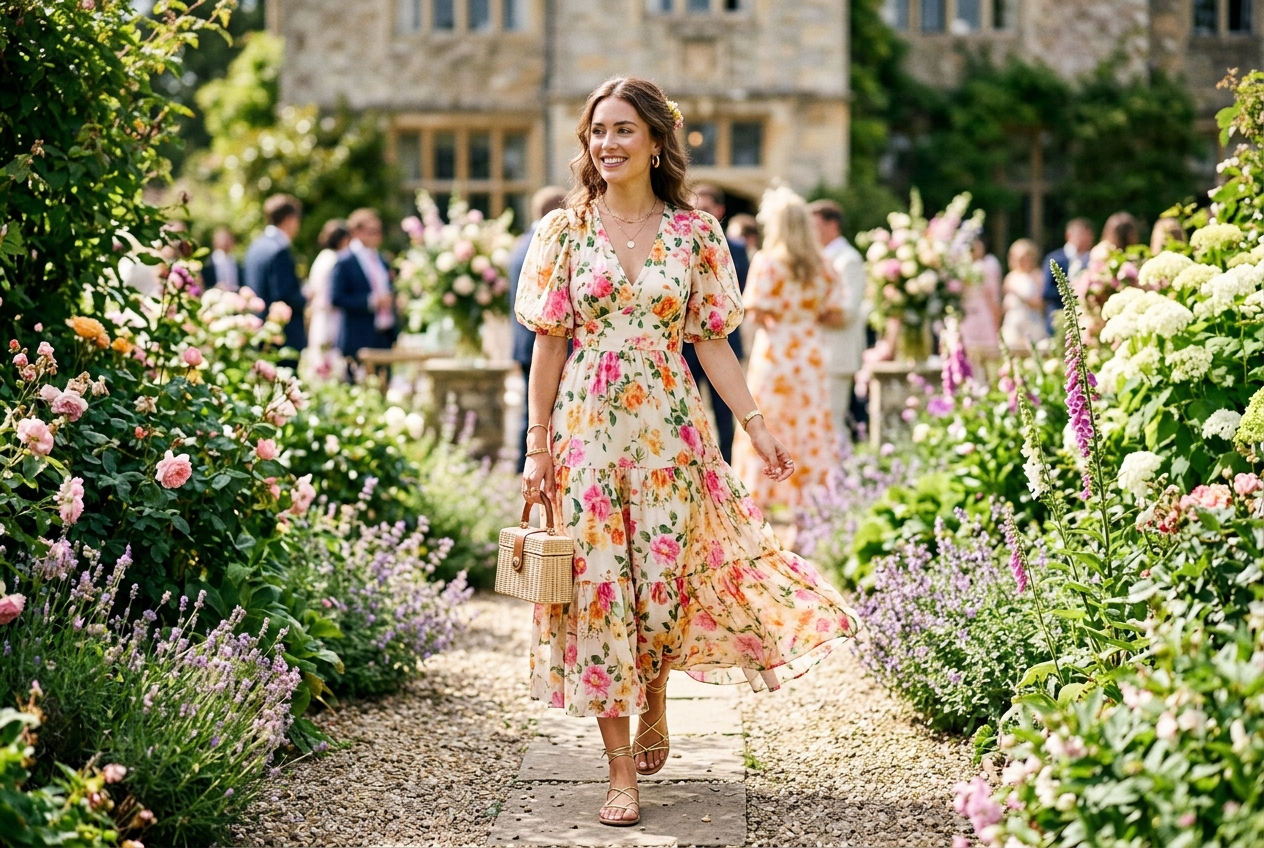 Wedding guest in flowing floral midi dress for a summer wedding, garden setting, bright sunlight