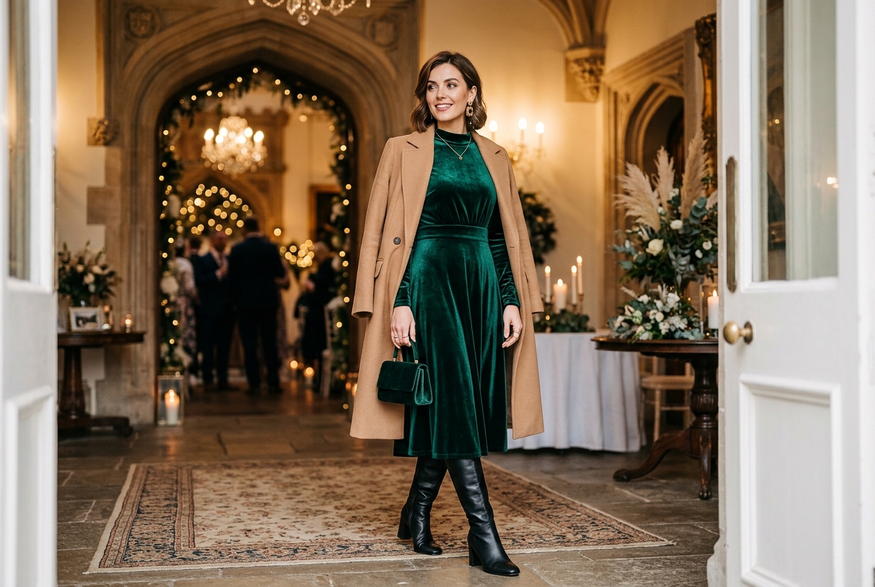 Wedding guest in winter wedding outfit — jewel-toned velvet dress with smart coat and boots