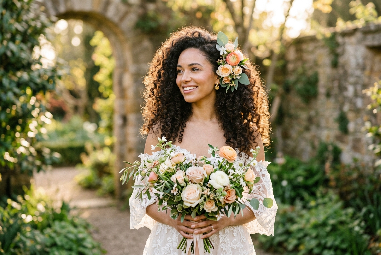 Bride with naturally curly hair styled for her wedding, voluminous, fresh flower behind her ear