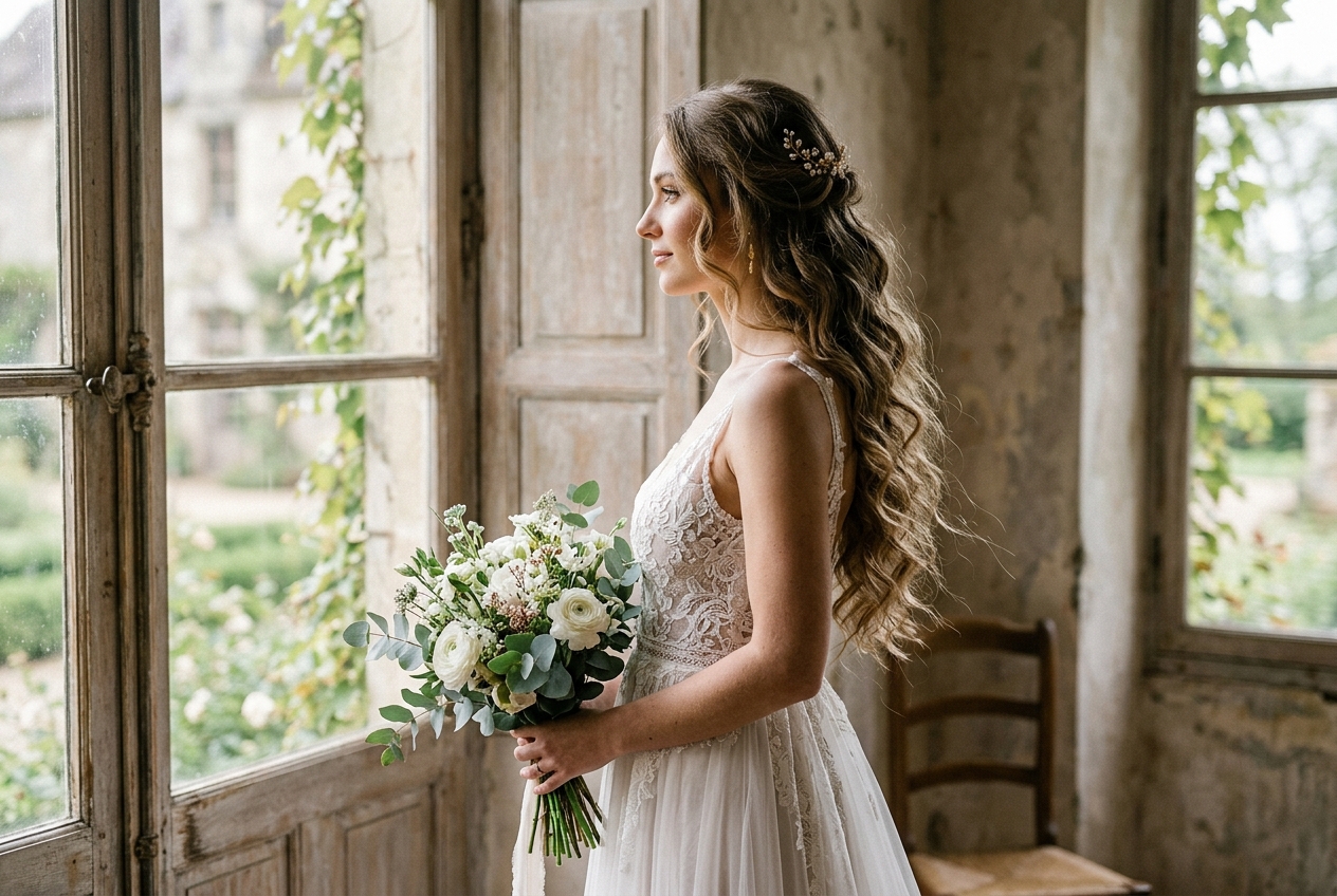Bride with long flowing wedding hair styled in romantic loose curls, side profile, soft window light