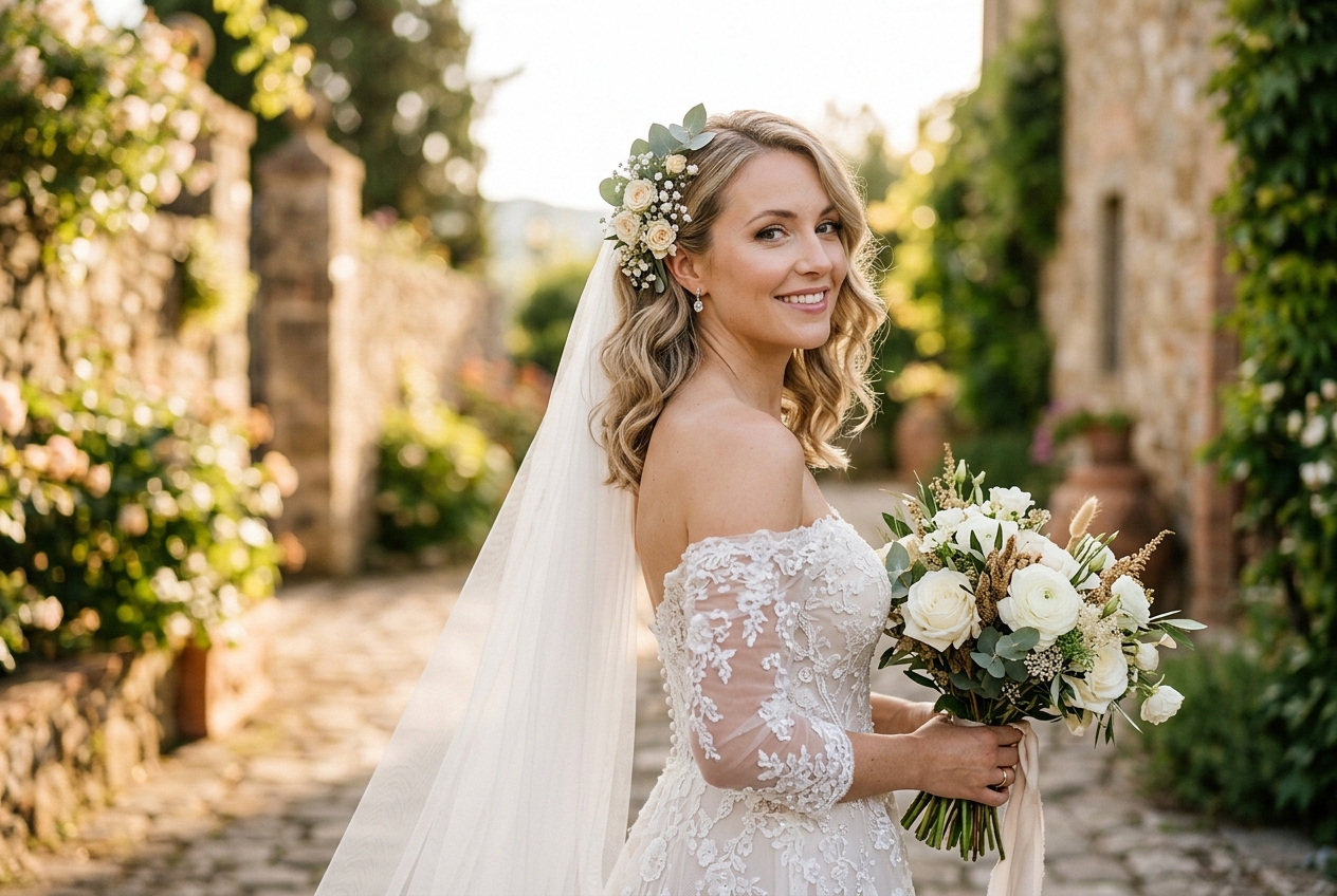 Bride with shoulder-length wedding hair styled in soft waves with delicate floral hair piece