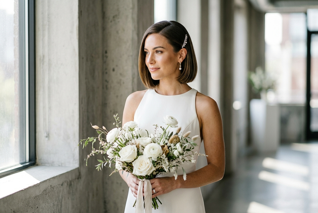 Bride with elegant short bob wedding hairstyle, sleek and modern, simple silver hair clip