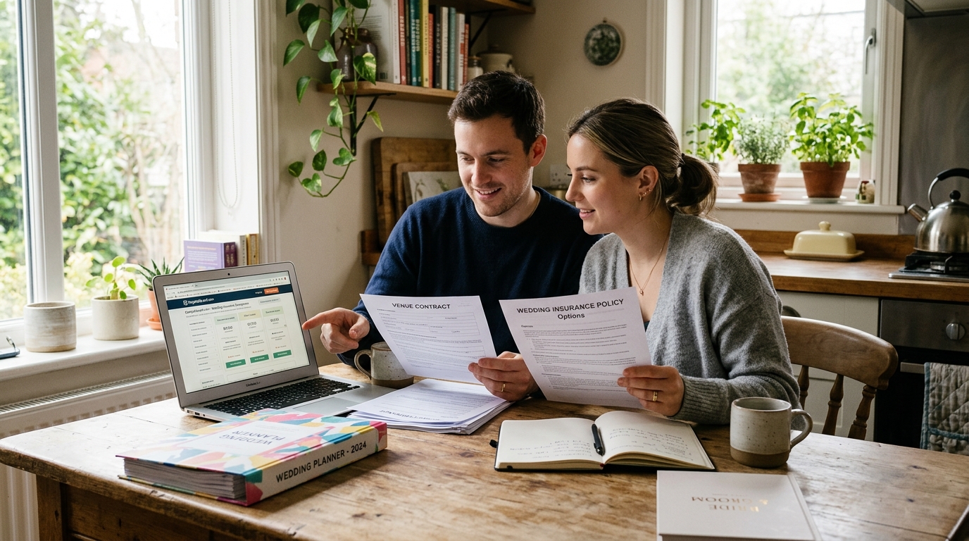 Couple reviewing wedding paperwork and insurance documents at a kitchen table with laptop and coffee