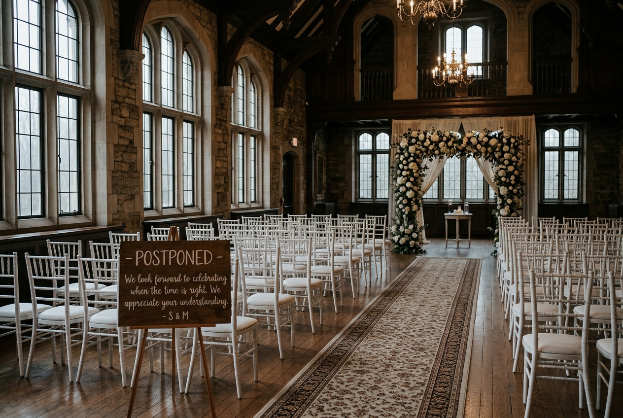 Empty elegant wedding venue set up for a ceremony with white chairs and floral arch but no guests
