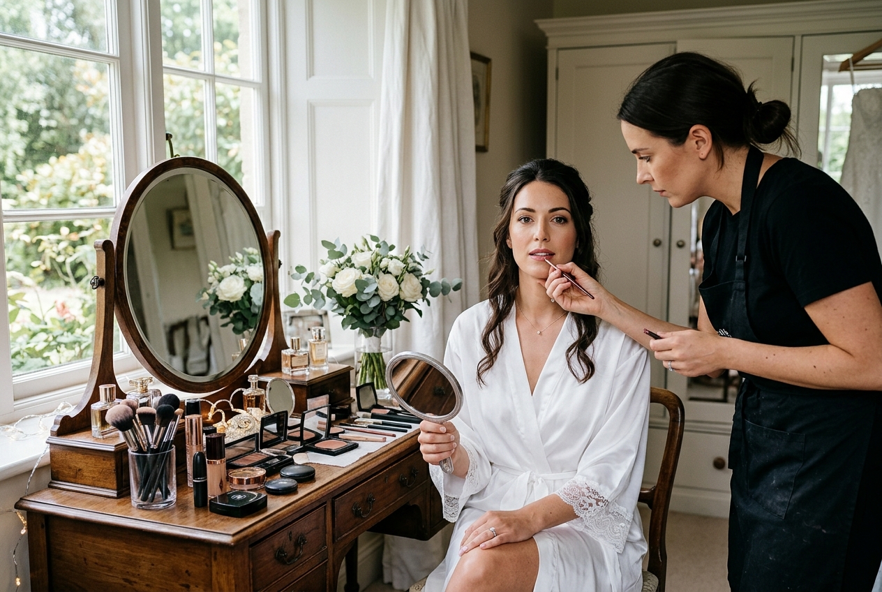 Wedding makeup artist applying foundation to bride with brushes, professional setup