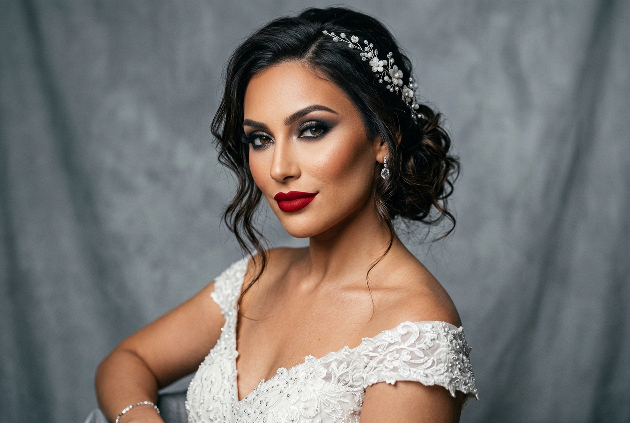 Bride with glamorous bridal makeup featuring smoky eye and defined contour, evening style