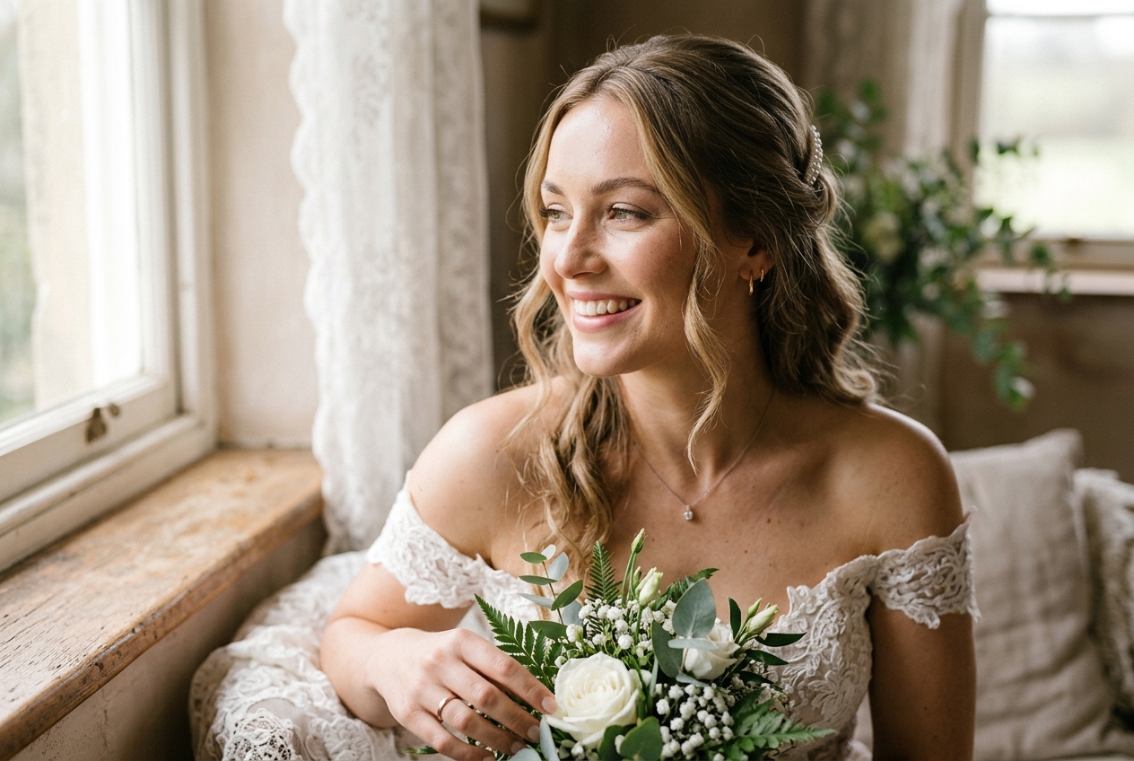 Bride with natural soft bridal makeup, peachy cheeks and neutral lip, glowing skin