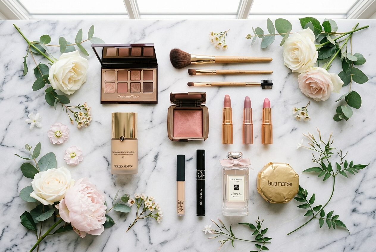 Wedding makeup products laid out — primer, foundation, mascara, lipstick, setting spray