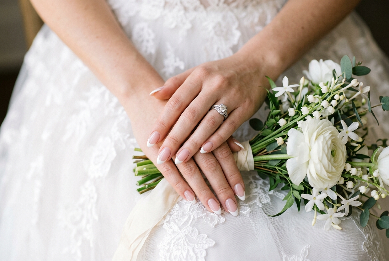 Classic French manicure on bride's hands holding wedding bouquet, elegant and timeless