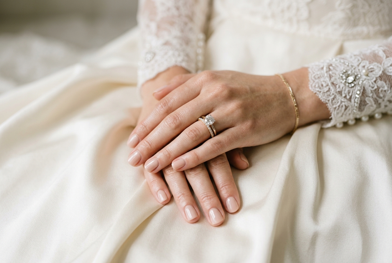 Milky white wedding nails close-up with rings, modern bridal look, soft light