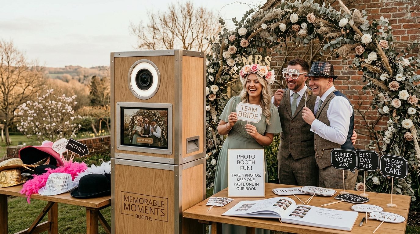 A real example: open-air booth at a Surrey wedding, March 2026 for Wedding Photo Booth UK 2026: Costs, Types & Best Ideas