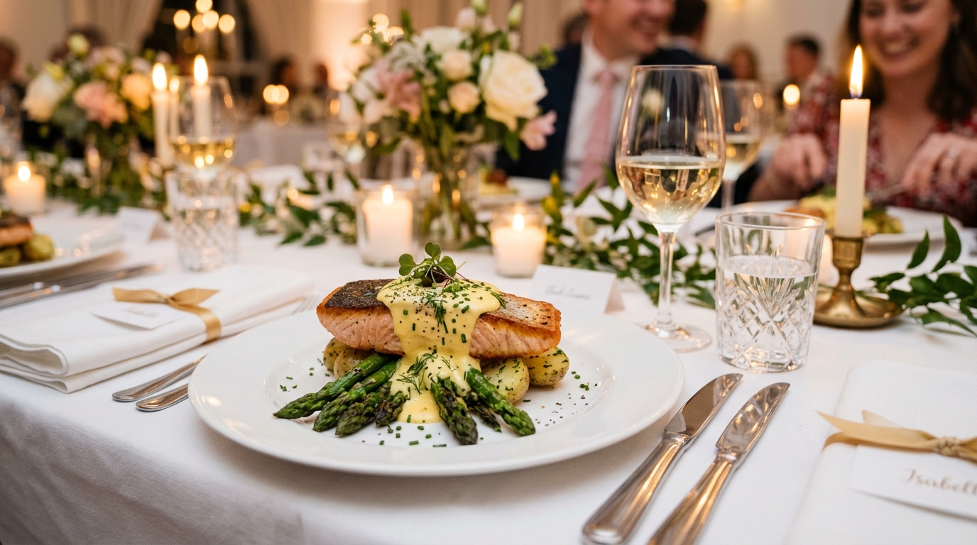 Beautifully plated three-course wedding dinner with pan-seared salmon on a white porcelain plate, elegant table setting with crystal glassware