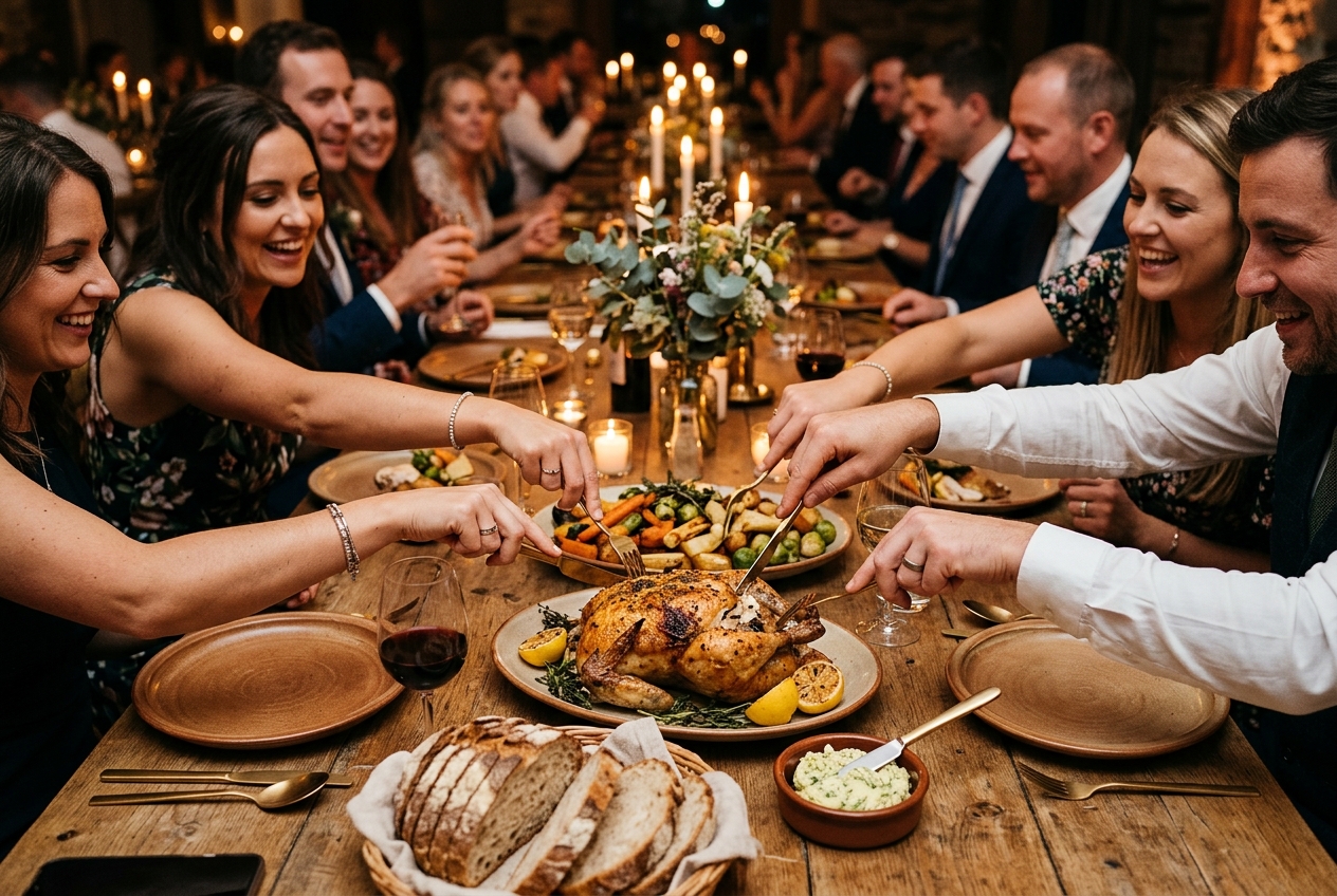 Family-style sharing platters on a long rustic wooden wedding table with roasted chicken, seasonal vegetables, and crusty bread