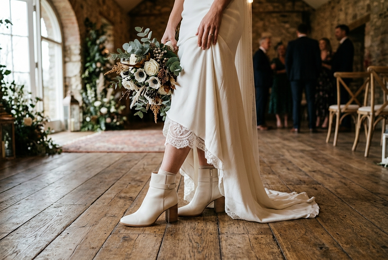 Ivory ankle boots for a winter wedding, modern and stylish, on a wooden floor