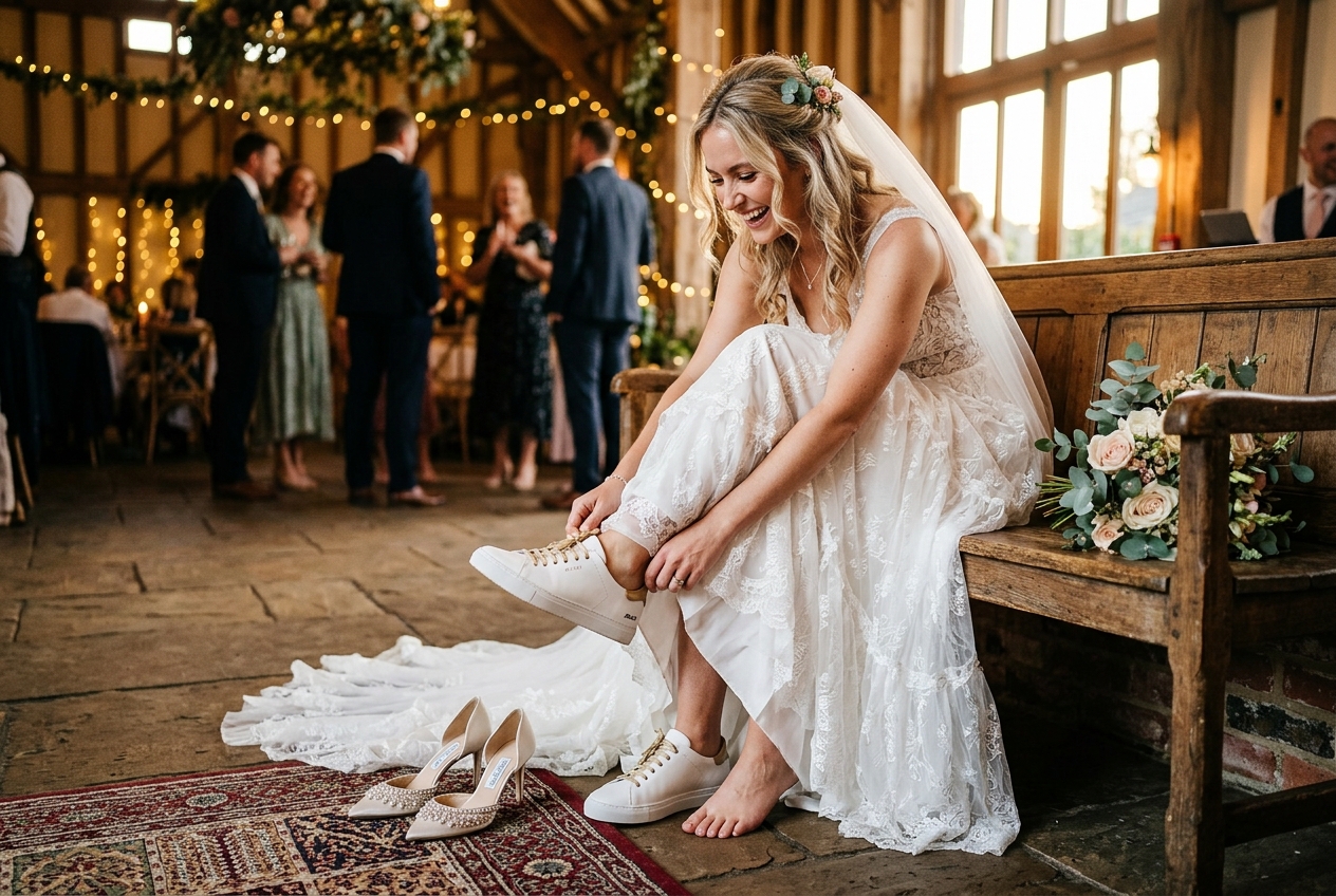 Bride changing from formal heels to comfortable trainers later in the wedding day, both pairs visible