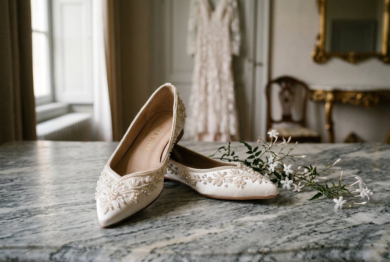 Beautiful bridal flats with delicate beading on a marble surface, soft directional light