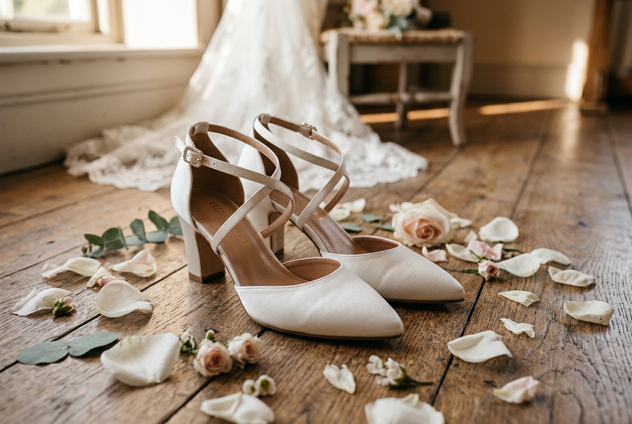 Classic white wedding heels with elegant straps on a wooden floor with petals scattered around