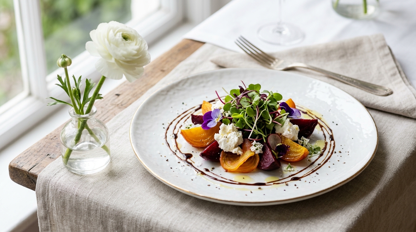 Elegant wedding starter course — beetroot and goat cheese salad with microgreens and balsamic reduction on a white plate