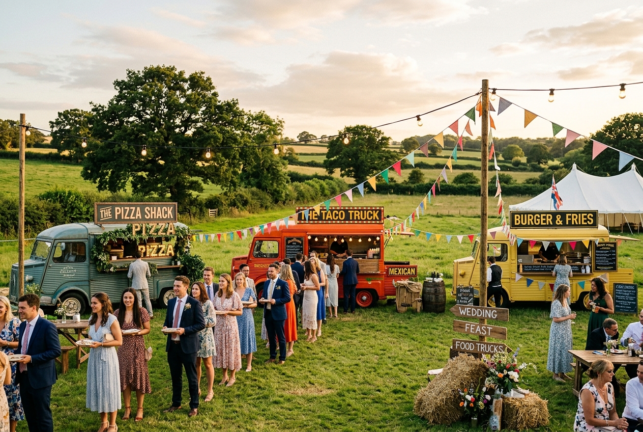 Three colourful food trucks parked at an outdoor UK wedding reception with bunting and festoon lights