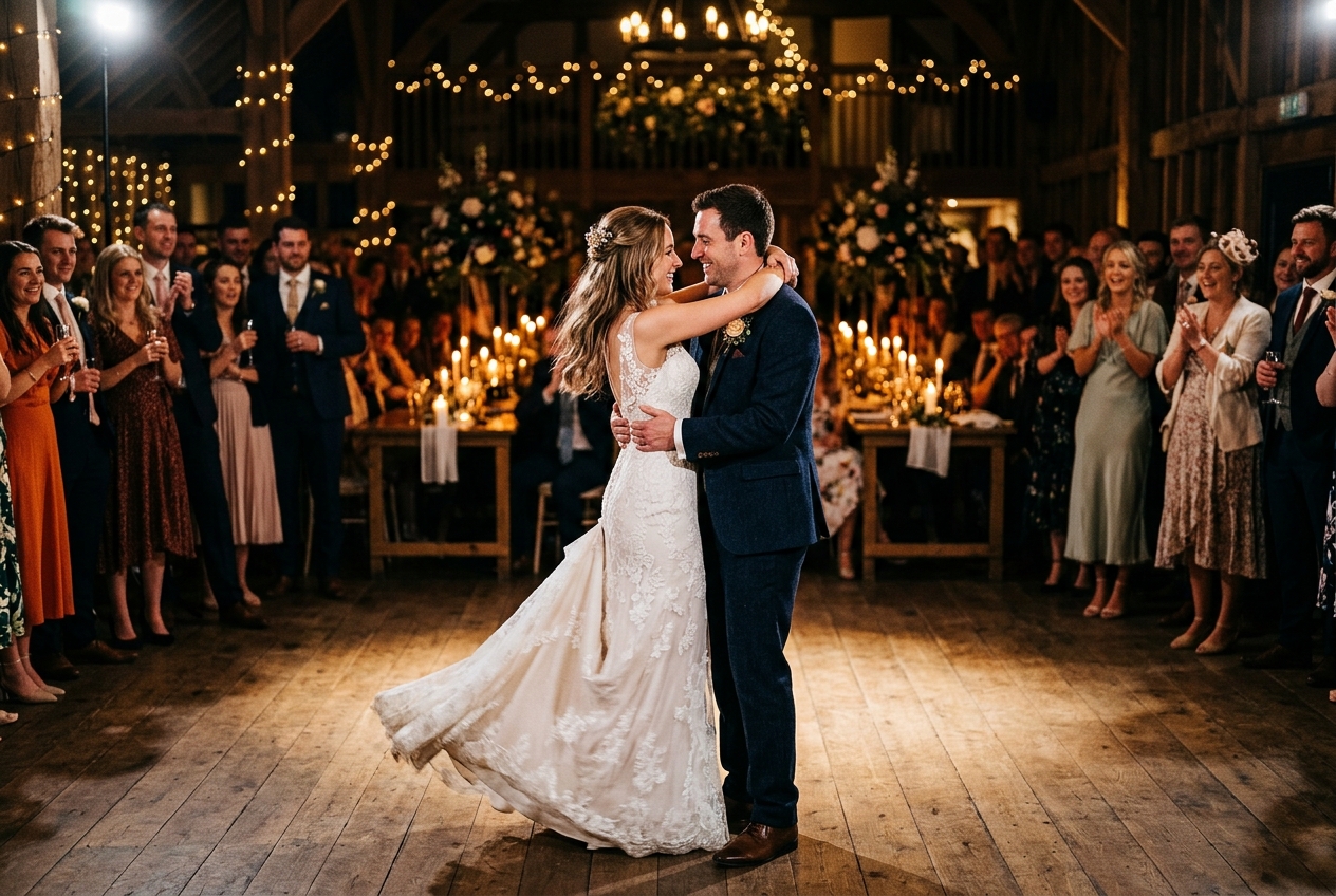 Couple having their first dance, soft spotlight, guests watching, fairy lights in background