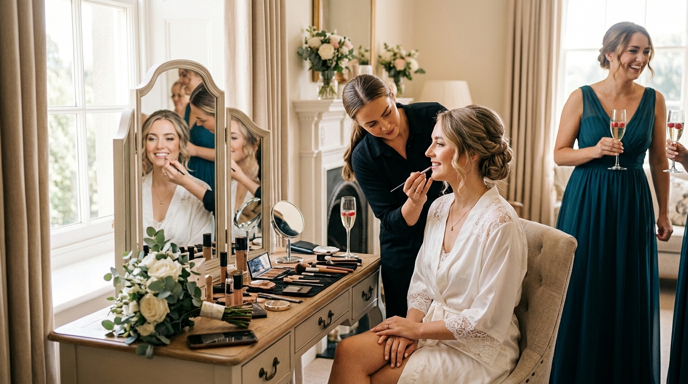 Bride getting ready in a bright hotel room, makeup artist applying lipstick, bridesmaid holding champagne
