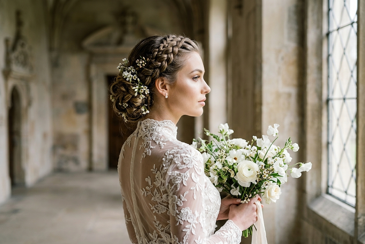 Bride with intricate braided updo, multiple braids woven into a low bun, with flowers