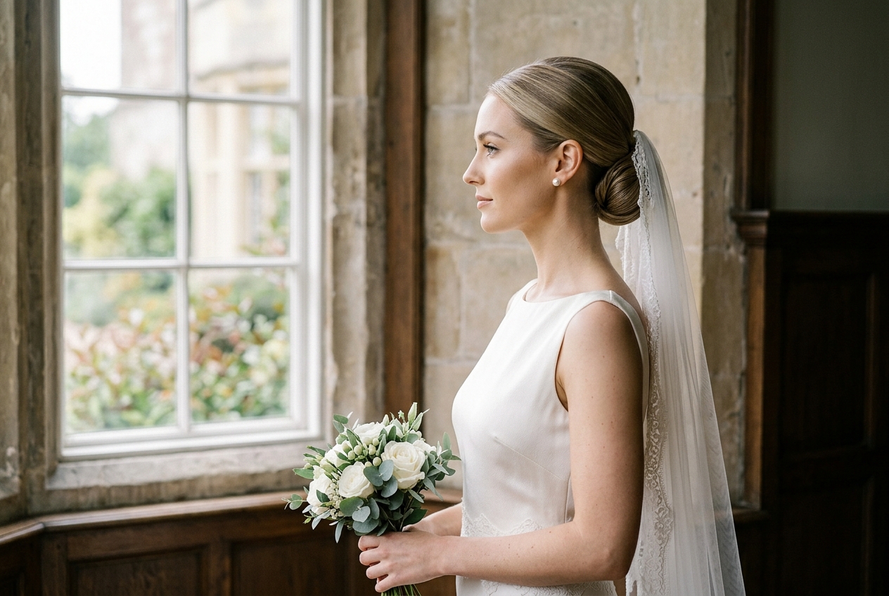 Bride with classic low chignon updo, sleek and elegant, simple pearl earrings