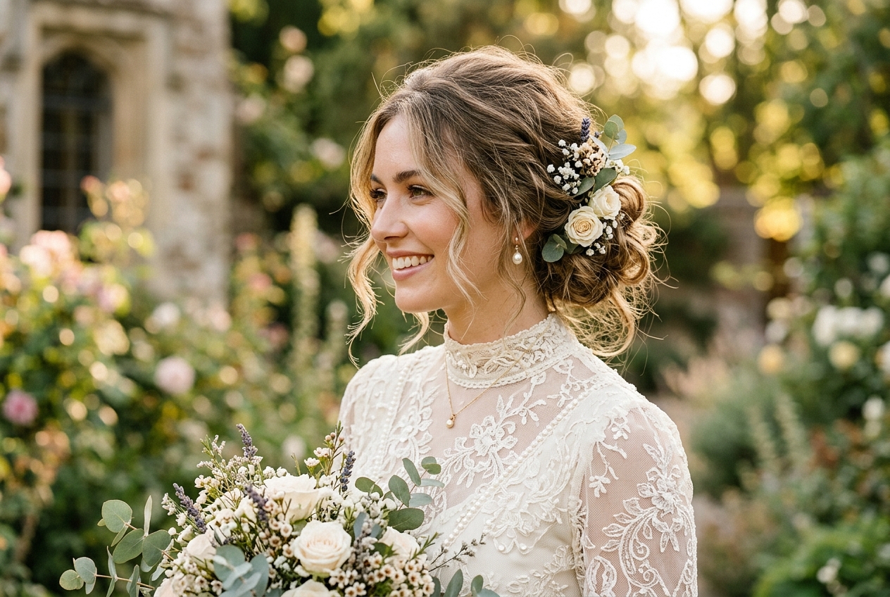 Bride with romantic messy bun updo, soft tendrils framing her face, fresh flowers