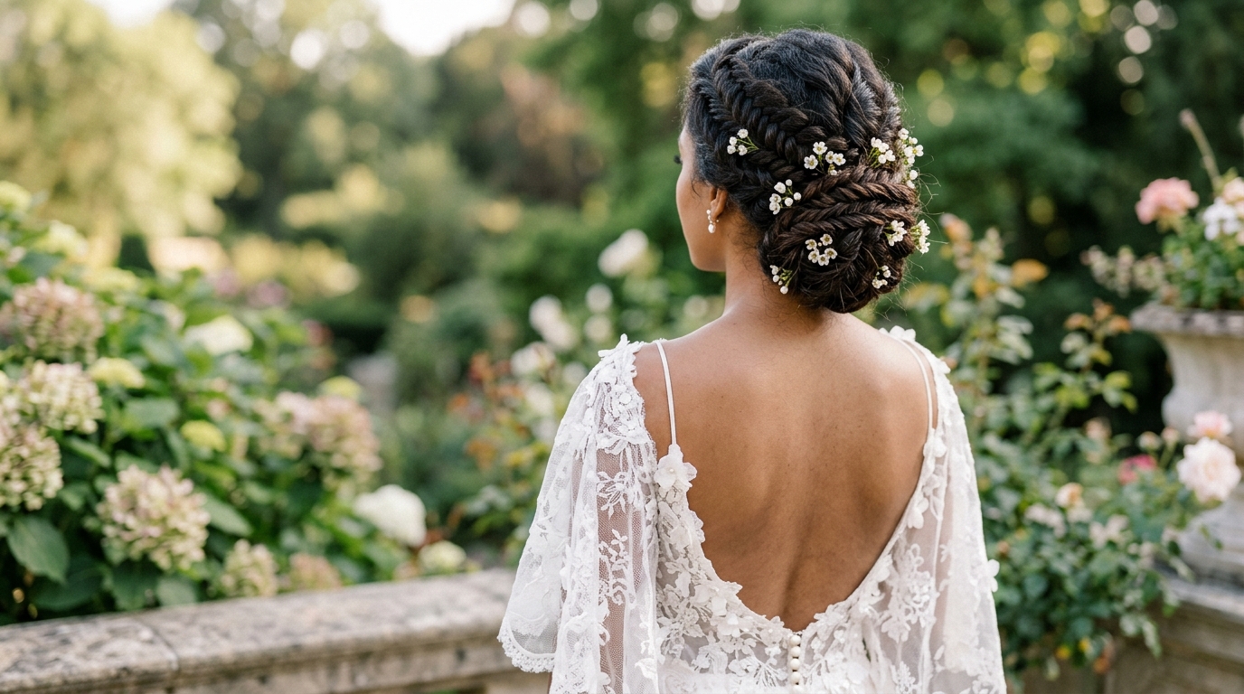 Bride from behind showing intricate updo with woven braids and small white flowers