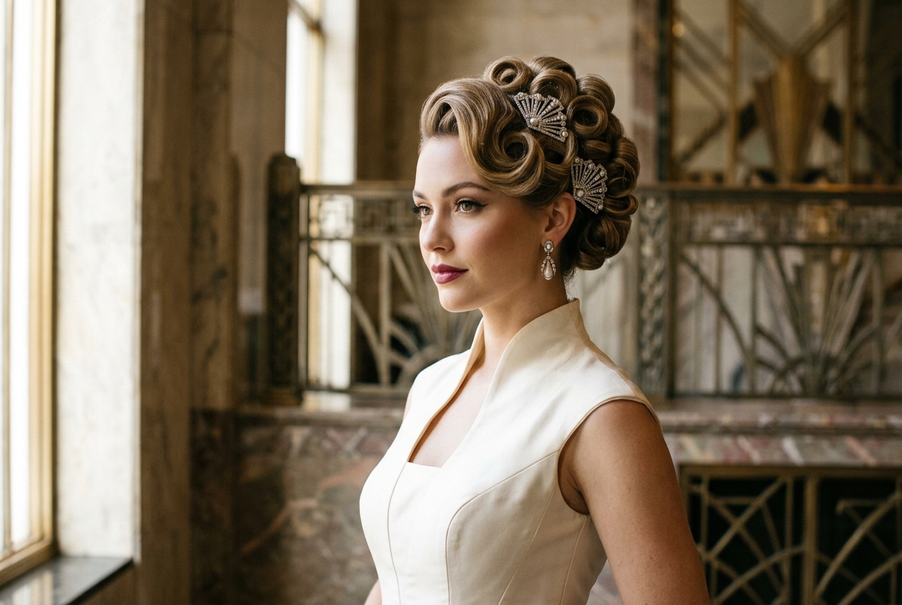 Bride with vintage-inspired updo, structured curls pinned high with vintage hair combs