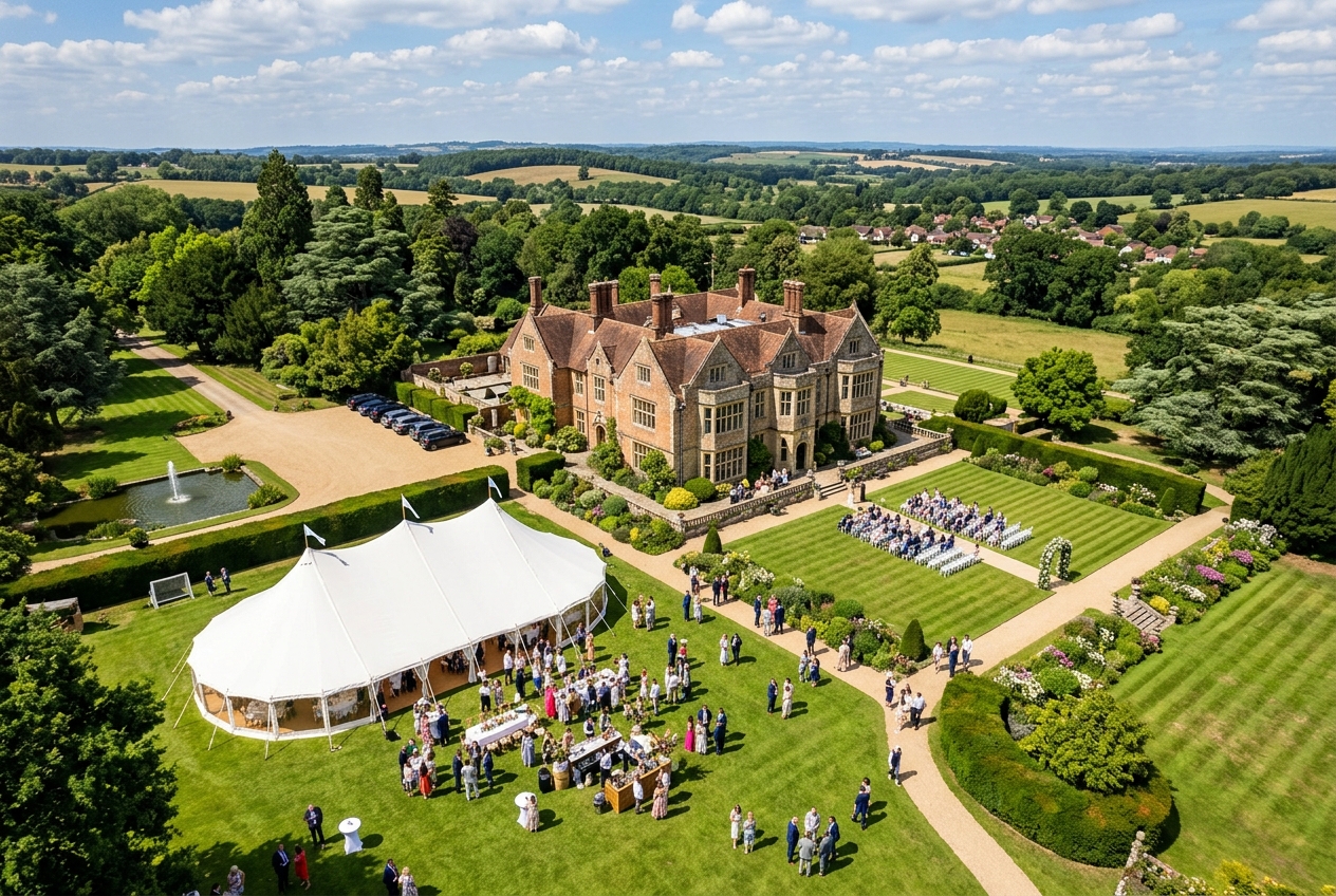 Aerial view of a wedding venue from a drone — country house with gardens and white marquee