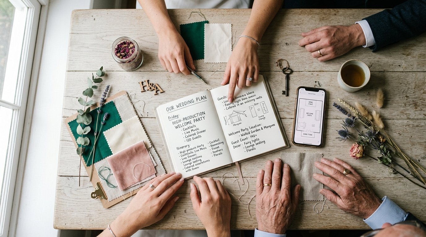 Welcome Parties Bigger Than Receptions: The 2026 Trend — What a high-production welcome party looks like, editorial photography for Weddings Hub