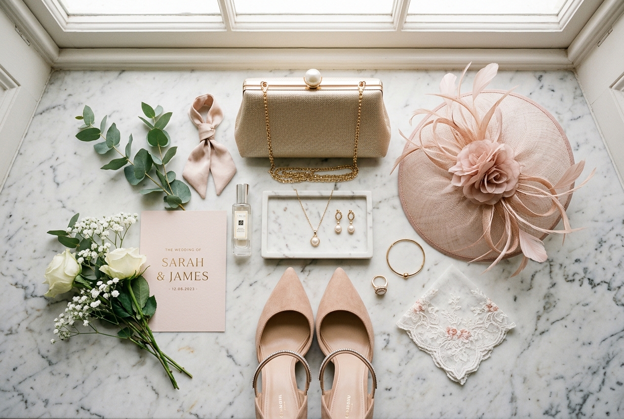 Wedding guest accessories laid out — fascinator, clutch bag, jewellery, heels