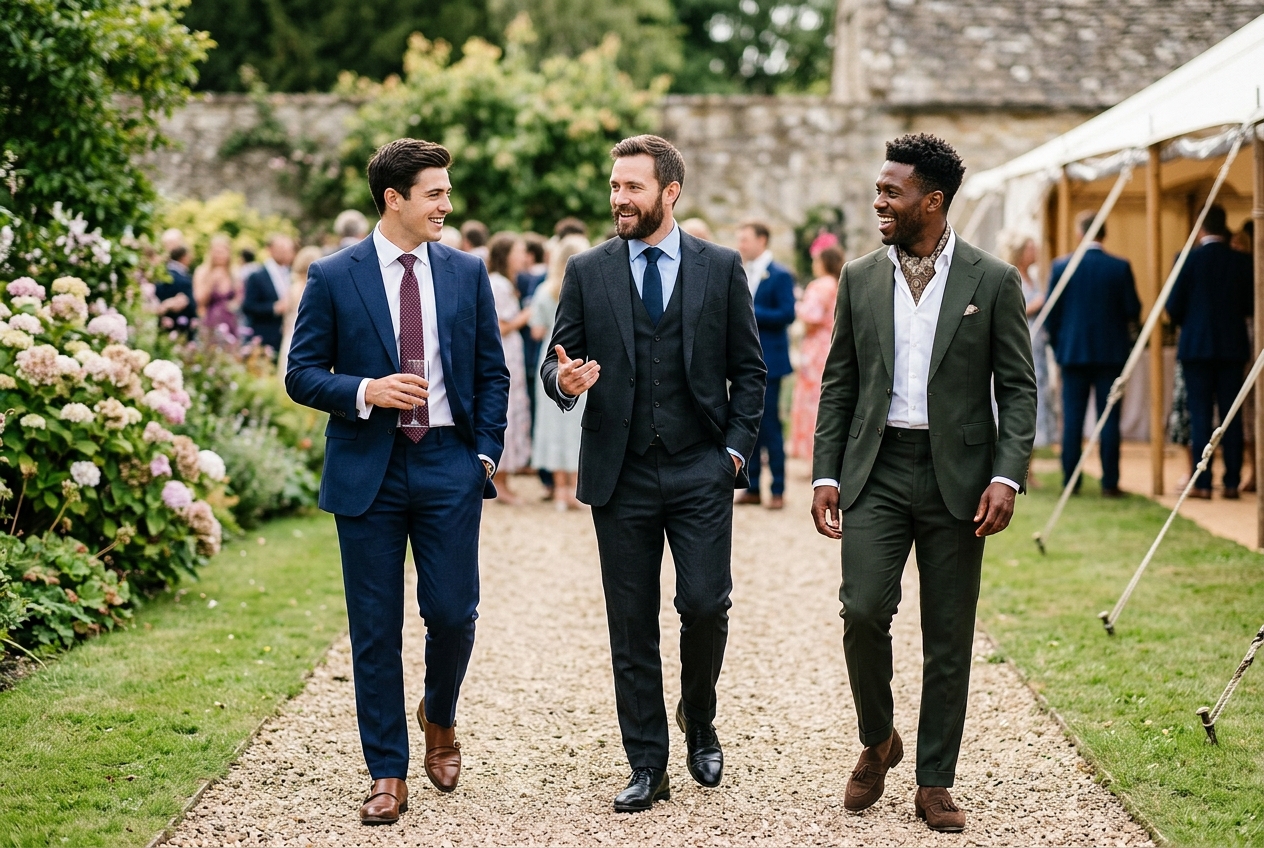 Three men in different wedding guest suit styles — navy two piece, charcoal three piece, lounge with cravat