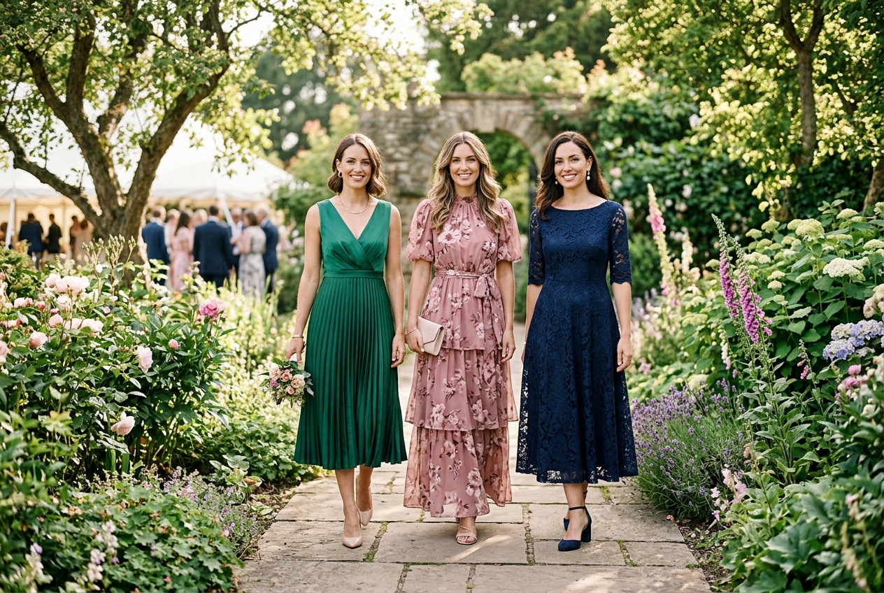 Three women showing different wedding guest dress styles — midi, maxi, and tea-length