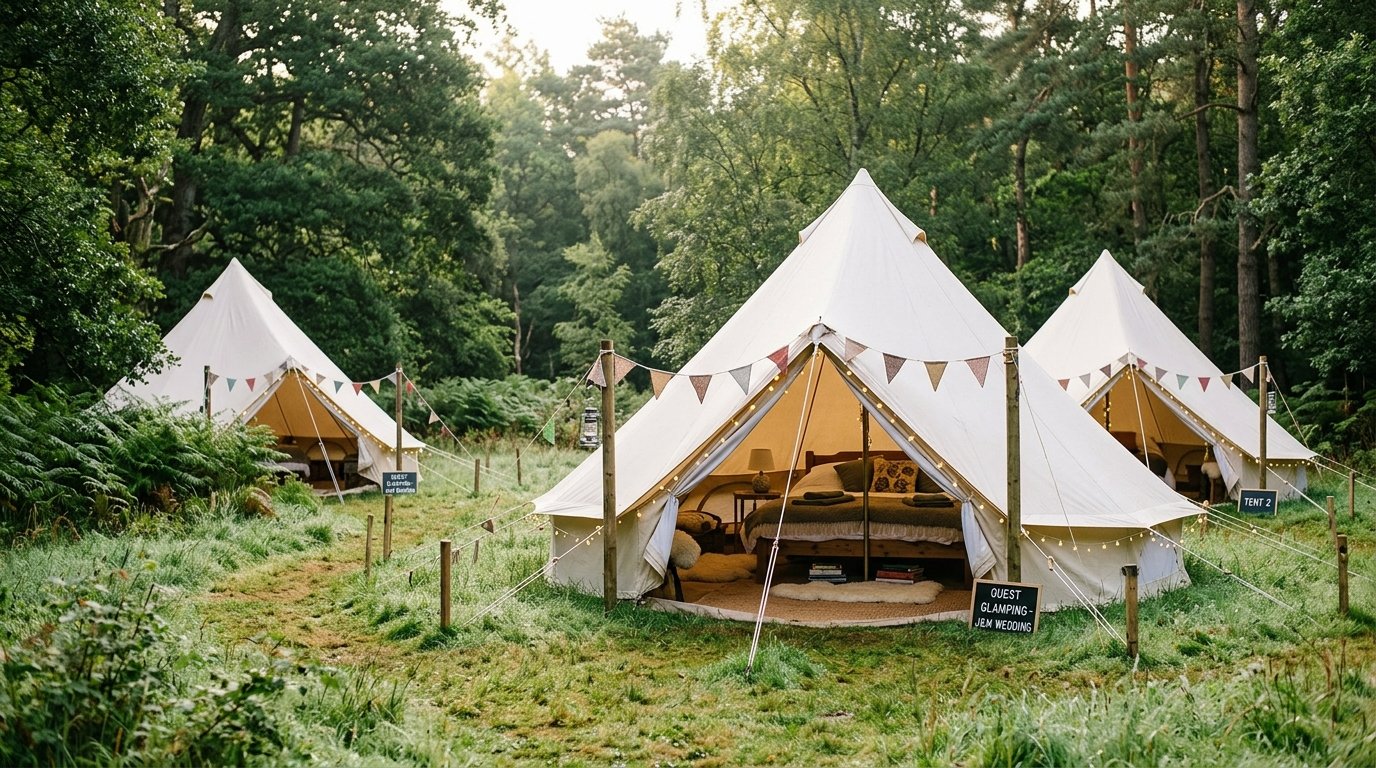 Luxury bell tents in a woodland clearing for wedding guest glamping, bunting between tents, morning light