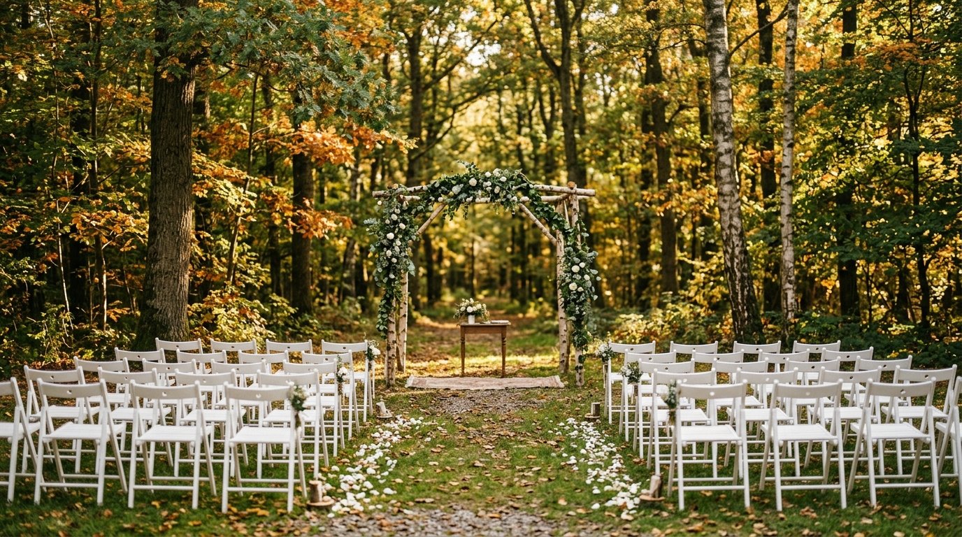 Woodland wedding ceremony clearing with white folding chairs and rustic arch beneath tall trees, dappled sunlight
