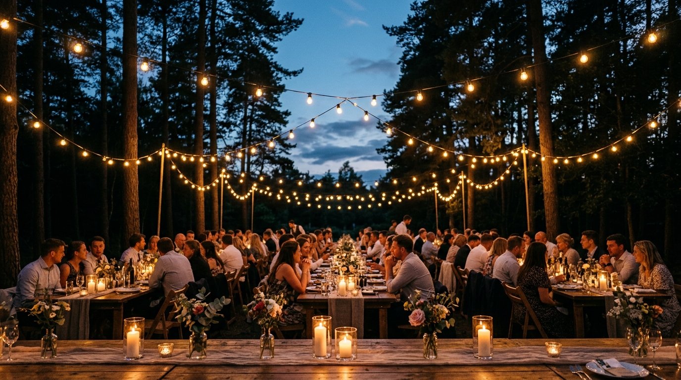 Festoon string lights glowing between tall trees at dusk with long wooden tables below, woodland wedding reception