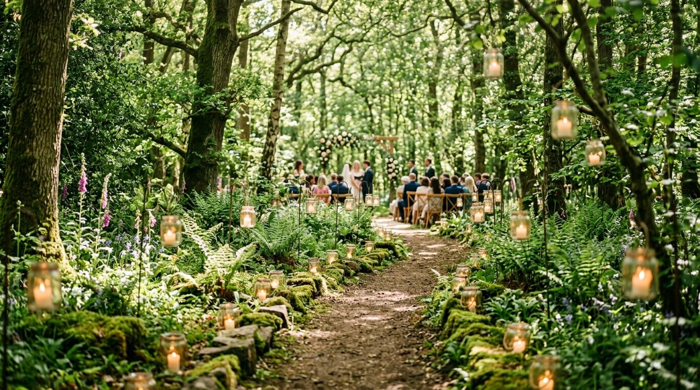 Woodland pathway lined with glass lanterns containing candles, leading through a forest, soft filtered sunlight