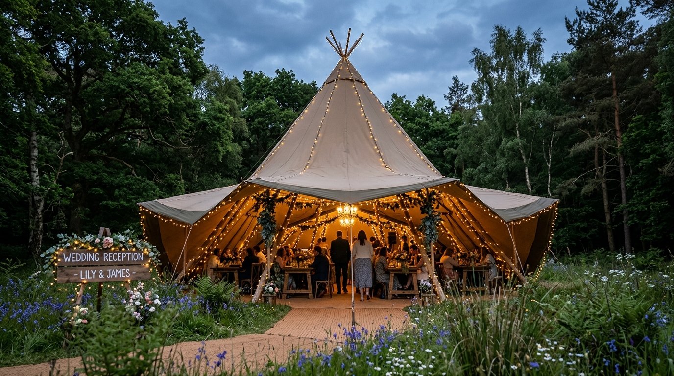 Large canvas tipi tent in a woodland clearing with warm fairy lights inside, forest backdrop at dusk