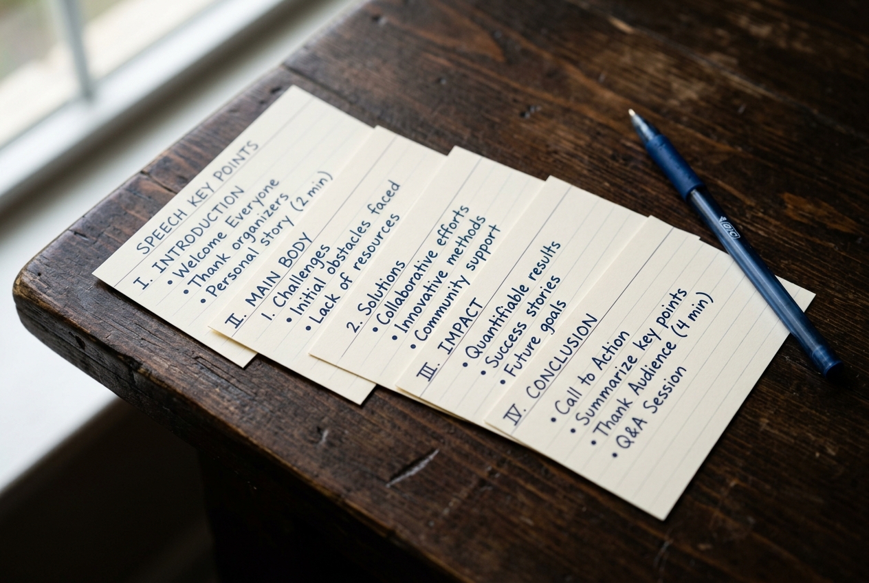 Close-up of handwritten speech cue cards fanned out on a dark wooden table