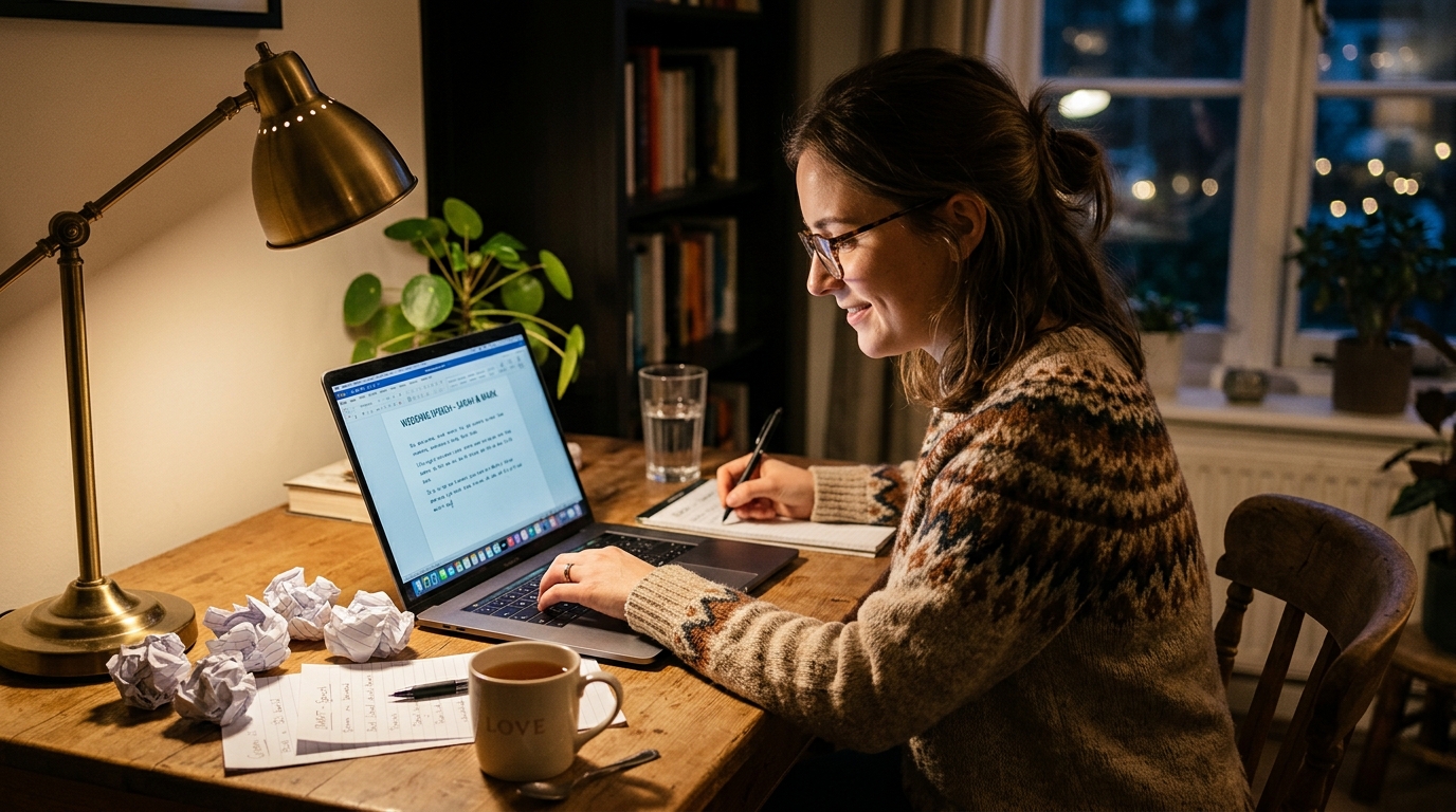 Person writing a wedding speech at a home desk, laptop open, crumpled paper balls, mug of tea