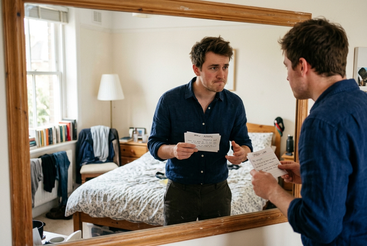 Man practising a wedding speech in front of a bedroom mirror, holding cue cards